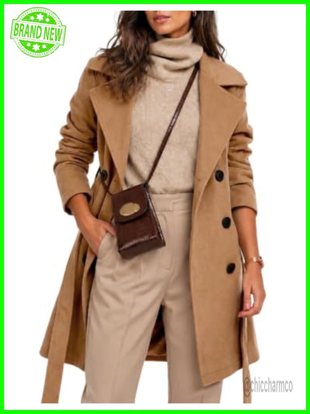 Womens Wool Blend Double Breasted Midi Trench Coat with Belt